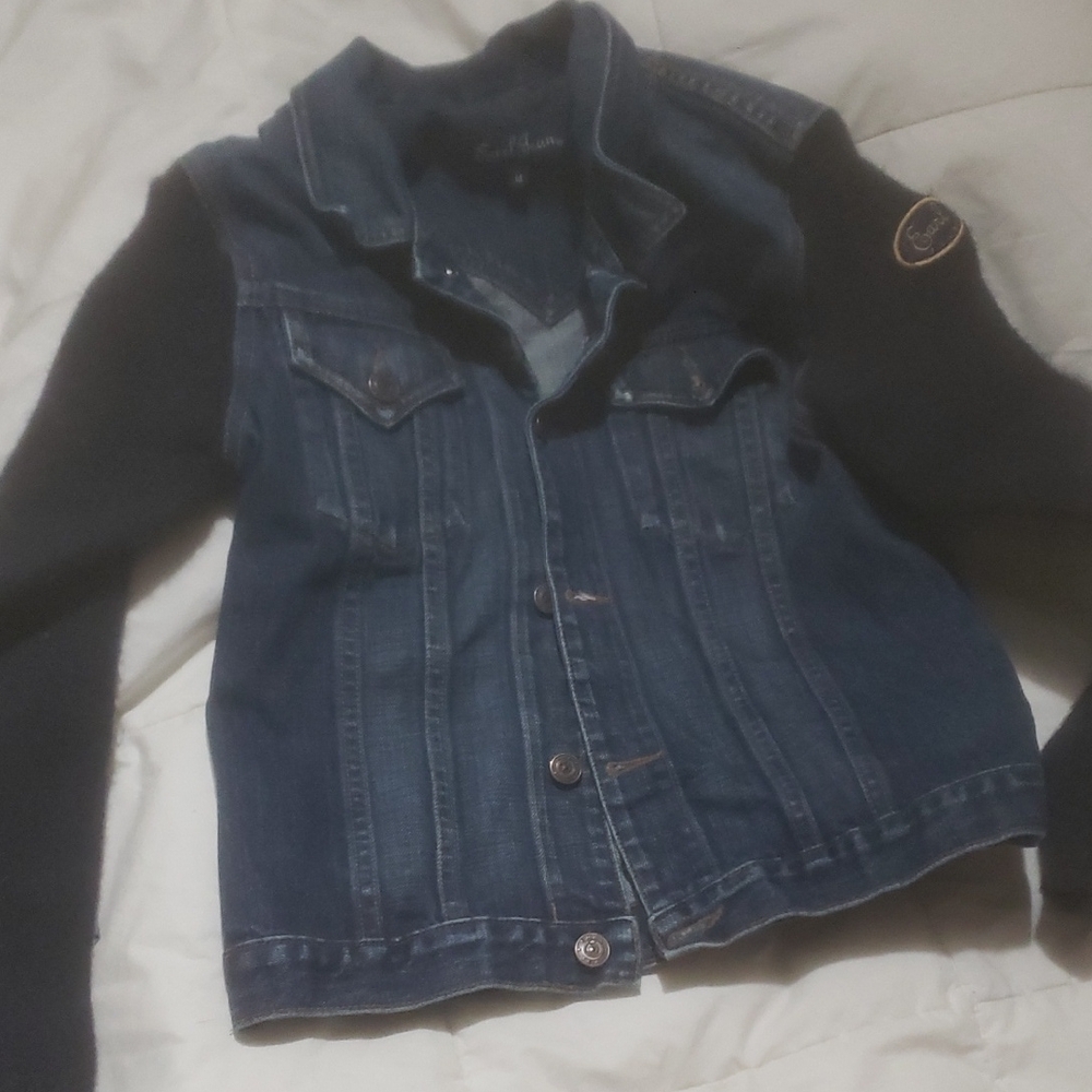 Blue Jean Jacket with Contrast Sleeves and Patch